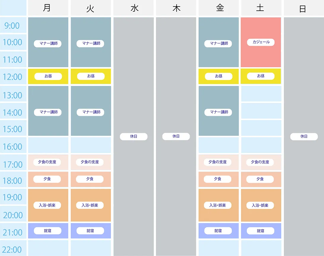 ダブルワークで働きたいBさんの例(40代/マナー講師/子1人)　一週間のスケジュール例　週1日(土曜日午前中など)・3時間など